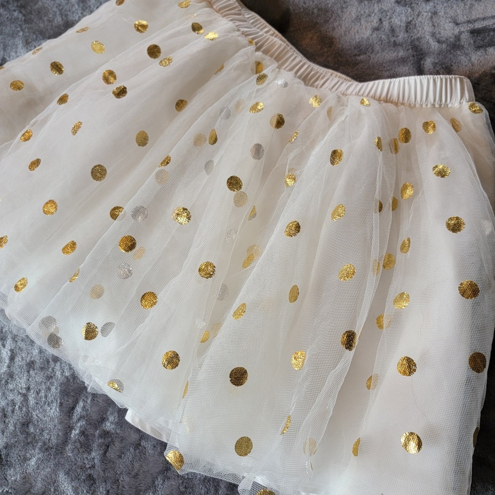 Gymboree Tulle Skirt Girls 10 White Gold Polka Dot Excellent Metallic Mesh 848